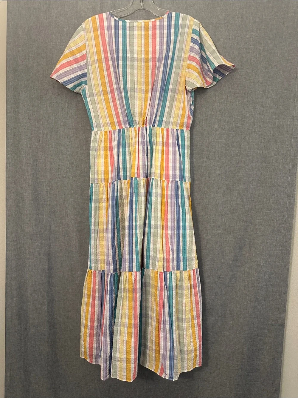 Women’s 100% Cotton Multicolor Stripe Tiered Faux Wrap Dress